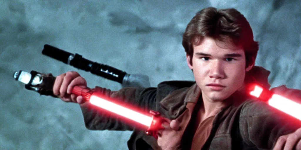 Image similar to a full color still of a teenaged Han Solo holding a lightsaber hilt during a sci-fi battle, cinematic lighting, 1999, directed by Steven Spielberg, 35mm