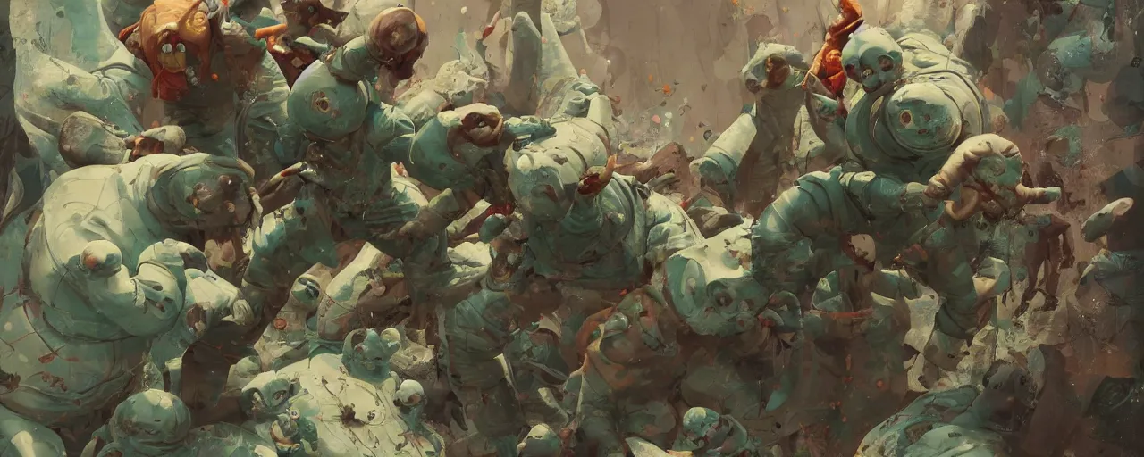 Image similar to duotone olive mutagen illustration 3 / 4 portrait of gollum kung fu fighting with michelin mans chaotic composition accidental renaissance golden ratio. by sachin teng and sergey kolesov and ruan jia and heng z. graffiti art, scifi, fantasy, hyper detailed. octane render. concept art. trending on artstation