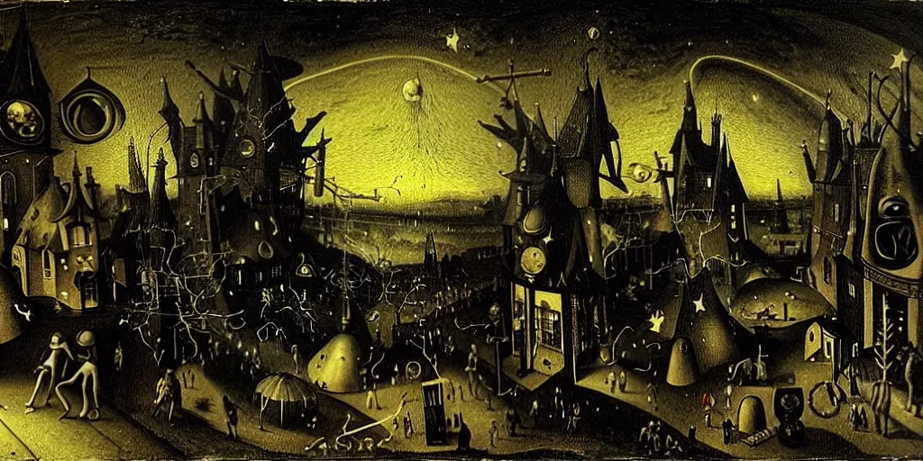 Image similar to aliens in black handing over artifacts to a politician, night scene, inspired by hieronymus bosch, concept art