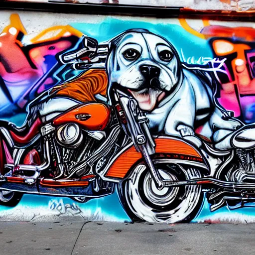 Prompt: a graffiti art of a dog ryiding an harley davidson in streets of los angeles, hd, 8 k, hyper realistic, hyper detailed,