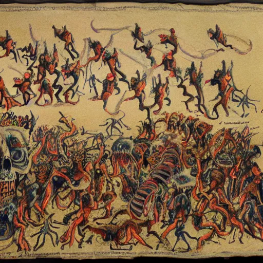 Prompt: a procession of demons hallucinating the end of the world