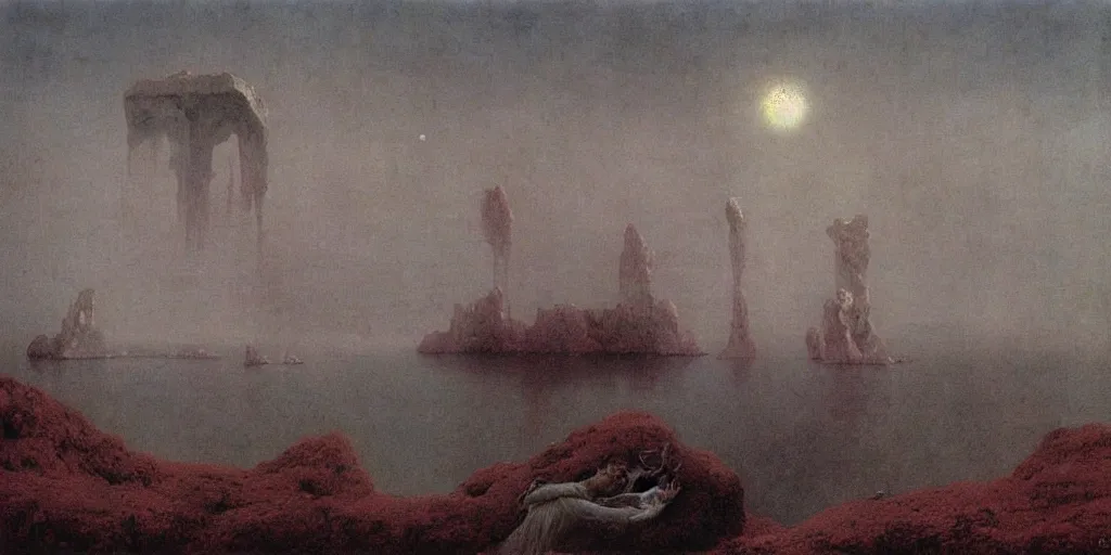 Image similar to Isle of the dead by Arnold Böcklin painted by Zdzisław Beksiński