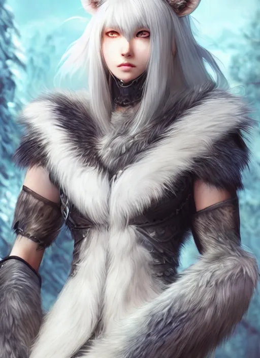 Prompt: warrior, fur - lined wolf armor!!! beautiful and elegant white hair female!! gorgeous ayes!! character concept art, sharp focus, octane render! unreal engine 5! highly rendered!! trending on artstation!! detailed linework!! illustration by artgerm, wlop, and chie yoshii