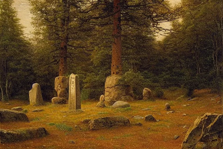 Image similar to runestone, runic inscription, ancient writing, megalithic, monument, nature, trees, focused, centered, very detailed, norse, history, oil painting, Albert Bierstadt, Theodor Kittelsen, Hermann Hendrich