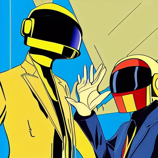 Image similar to daft punk, studio ghibli art, animated, colorfuk