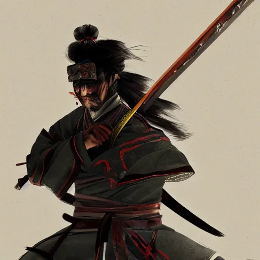 Image similar to Portrait of Sickly diseased dying Samurai warrior wielding a katana, by Feng Zhu, highly detailed, excellent composition, cinematic concept art, dramatic lighting, trending on ArtStation