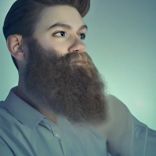 Image similar to A very detailed digital art rendering and concept design of a beautiful bearded young ethereal man beautifully positioned and dancing in volumetric lighting, three dimensions, a digitally transformed environment, user interface design, 3D modeling, illustration, and transportation design