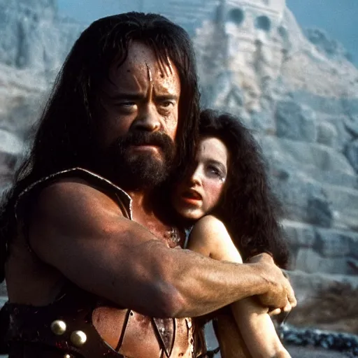 Prompt: tom hanks as conan the barbarian with a women in his arms