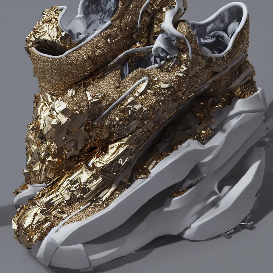 Image similar to futuristic balenciaga sneakers, nft art, highly detailed, hyper realistic, a ton of bussdown iced gold bling in wallace & gromit strata - cut claymation, ultra realistic, concept art, intricate details, serious, highly detailed, photorealistic, octane render, 8 k, unreal engine