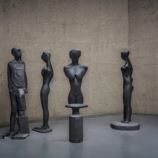 Image similar to sculptures in a brutalist museum