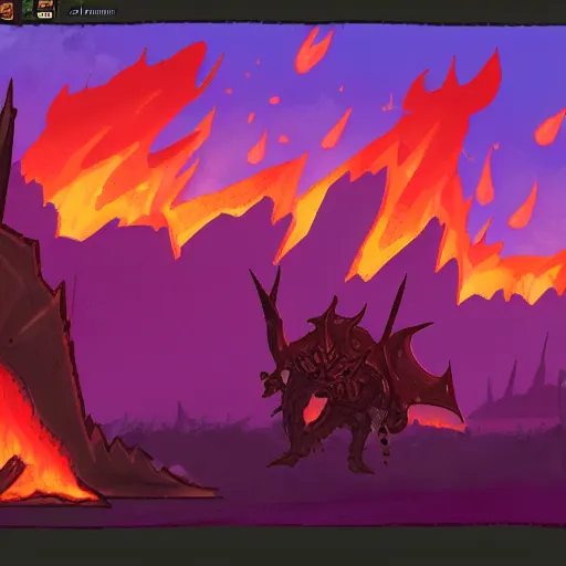 Image similar to TzKal-Zuk at the Inferno, old school runescape, lava river, magma, large shield of magma, obsidian pillars