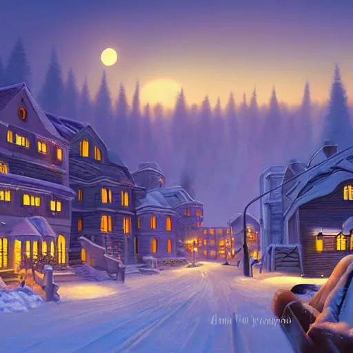 Prompt: winter city scape inspired by Evgeny Lushpin, Peter Zumthor cinematic,sunset,full moon