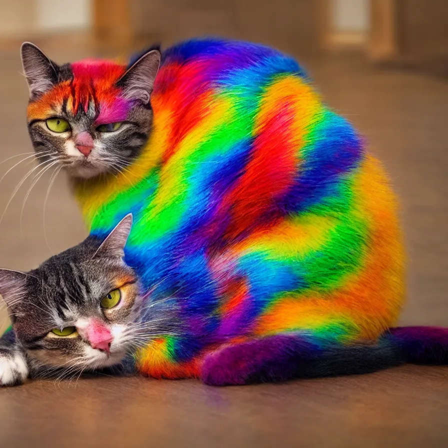 Image similar to a Rainbow cat lying on the floor, ultra realistic, 8K