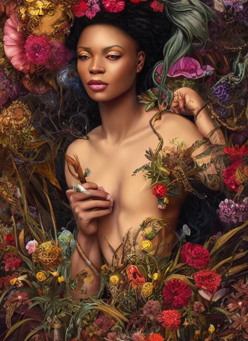 Image similar to portrait of the african queen of the underworld, surrounded by flowers by karol bak, james jean, tom bagshaw, rococo, sharp focus, trending on artstation, cinematic lighting, hyper realism, octane render, 8 k, hyper detailed.