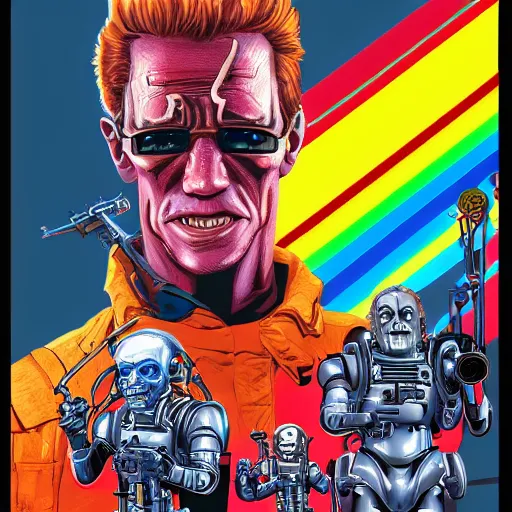 Image similar to terminator, wizard of oz, technicolour, lineart, higly detailed, artstation