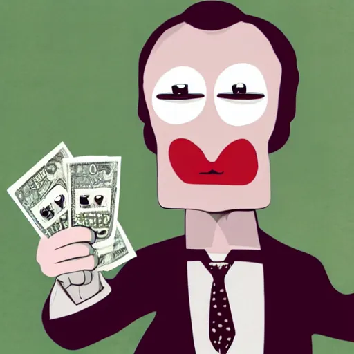 Prompt: multicolo saul goodman holding money by gary baseman in 4 k ultra high resolution, with depressive feeling