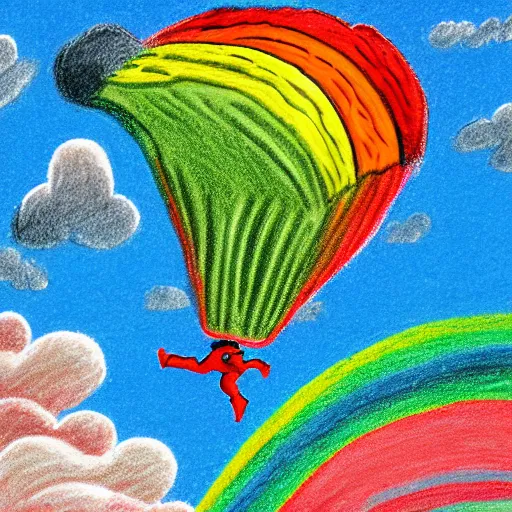 Image similar to crayon illustration of skydiver falling through rainbow, with soft puffy clouds beneath her sprawling over a green valley