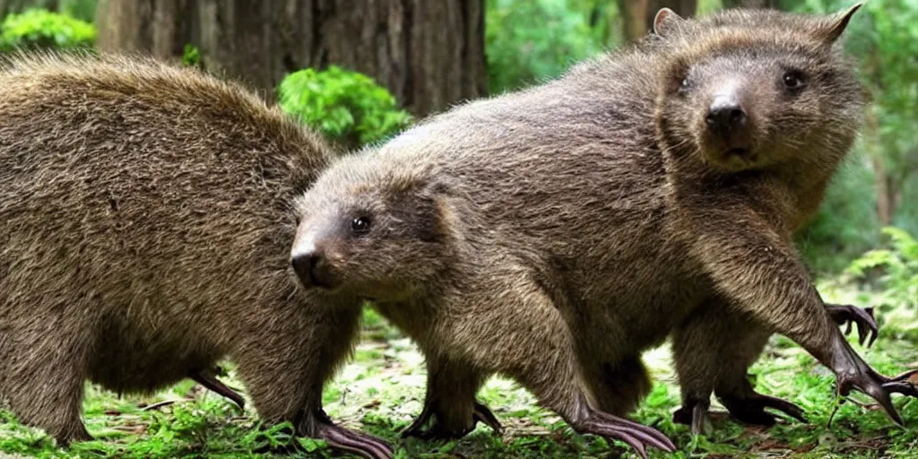 Image similar to a mythical wambot creature, half wombat and half robot, cute, lethal, forest dweller