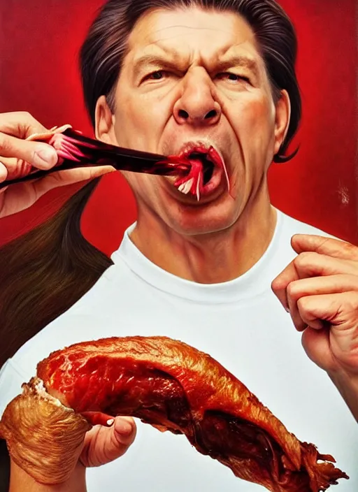 Prompt: ultrawide angle colour portrait masterpiece photography of vince mcmahon eating a turkey leg shot by annie leibovitz michael cheval miho hirano moebius josh kirb