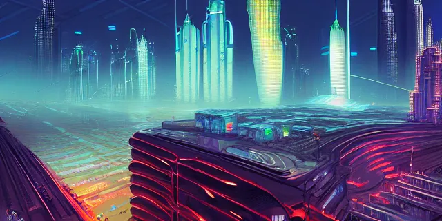 Image similar to blockchain in the middle of a futuristic cyberpunk dubai city, in the art style of dan mumford and marc simonetti, atmospheric lighting, intricate, volumetric lighting, beautiful, sharp focus, ultra detailed