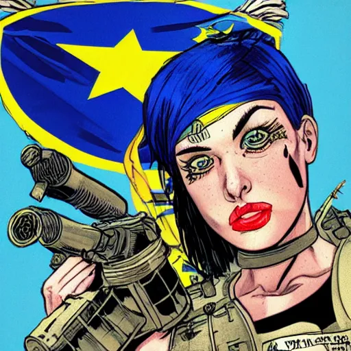 Image similar to tank girl comic, ultra detailed face, ukrainan flag