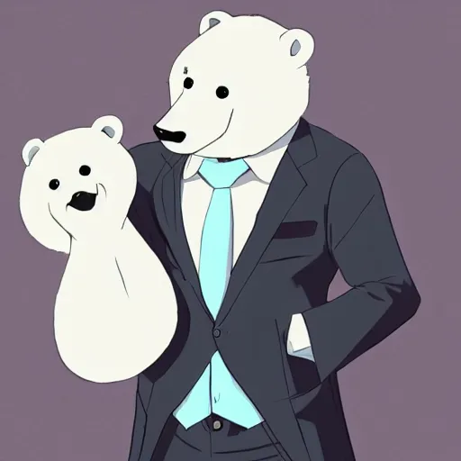 Image similar to anthro polar bear in a suit and tie, handsome, anime by studio trigger