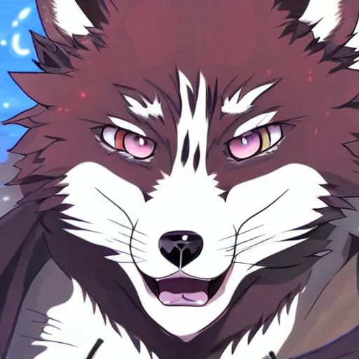 Image similar to key anime visual portrait of an anthropomorphic anthro wolf fursona, in a jacket, with handsome eyes, official modern anime art