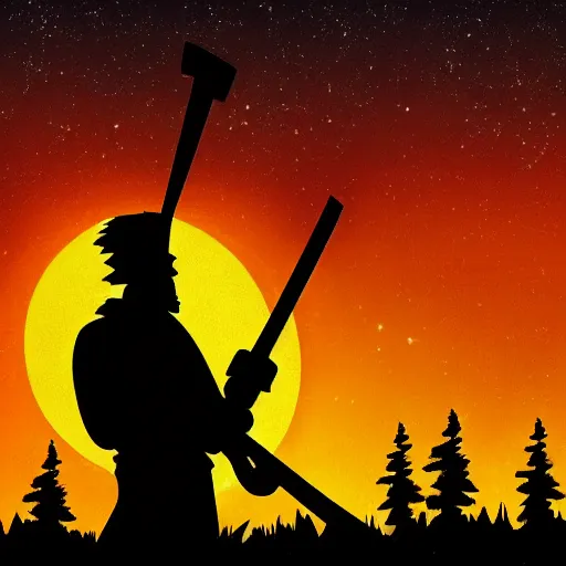 Prompt: a lumberjack in the style of Hellboy well lit at night against the moon