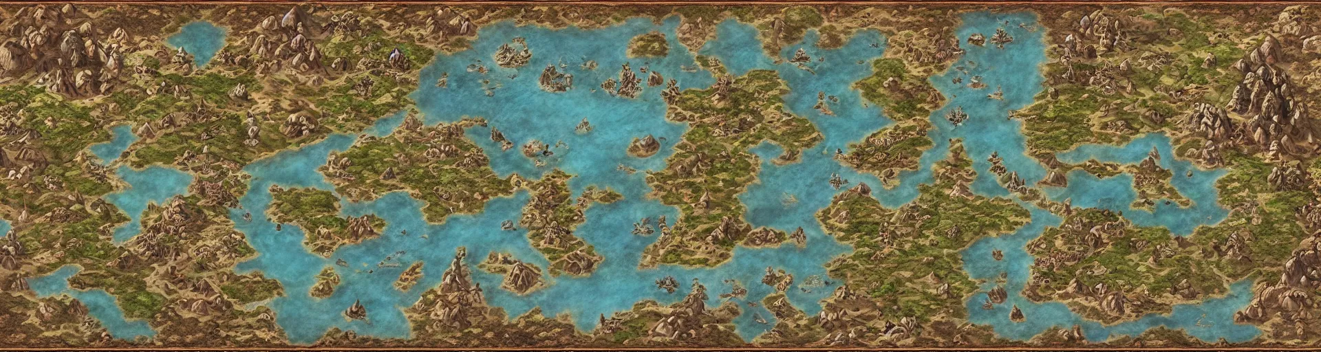 Prompt: fantasy world atlas in the style of an mmorpg world map, extremely detailed, fantasy, no text, 4 k