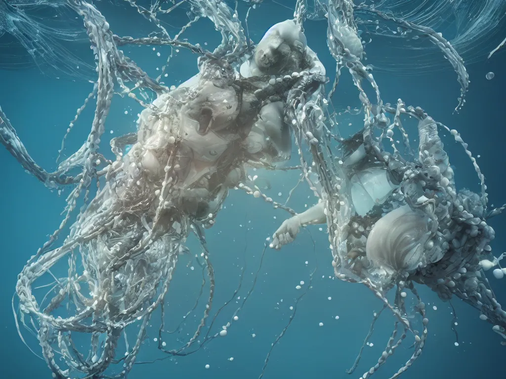 Image similar to a sculpture of ocean shark intertwined, a lovely cornucopia of flowers and human body parts, jellyfish, highly detailed, octane render, cinematic, shock, sharp focus, super resolution