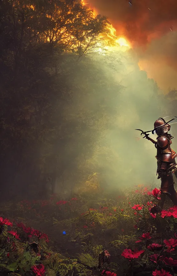 Prompt: a knight among flowers in dark forest surrounded by fire and smoke, moody, rim light, dynamic lighting, cinematic shot, gritty, ultra - detail, renderman, physically based render, greg olsen and liz lemon swindle