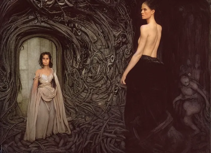 Prompt: jim henson's labyrinth. young jennifer connelly in a ballgown, is trapped in a dark shadowed oubliette made of stone. by edgar maxence and caravaggio and michael whelan and delacroix style, artistic, intricate painting, cinematic lighting, hyper realistic, extremely detailed, vivid colors, establishing shot, dramatic lighting