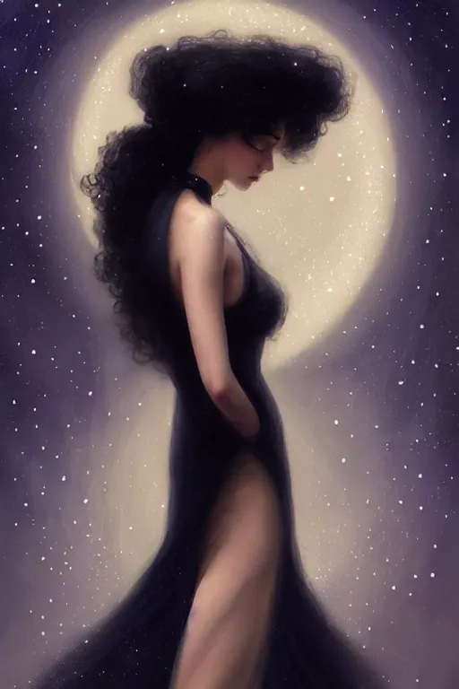 Image similar to Nocturne, glowing, stars, a long-legged elegant sultry woman, long black hair with white tips, pearl choker, highly detailed, mysterious, ethereal, dressed in black velvet, haute couture, illustration, dramatic lighting, soft details, painting, by Edmund Blair Leighton, Brom, Charlie Bowater, trending on artstation, faces by otto schmidt