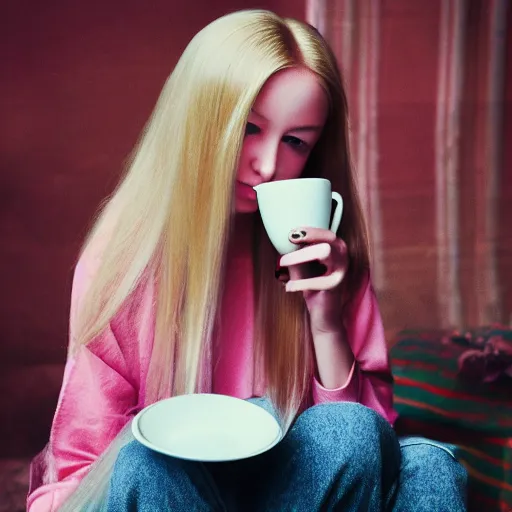 Prompt: russian girl with long blond hair sitting at a pink keyboard holding a cup of tea, beautiful, cinematic dramatic atmosphere