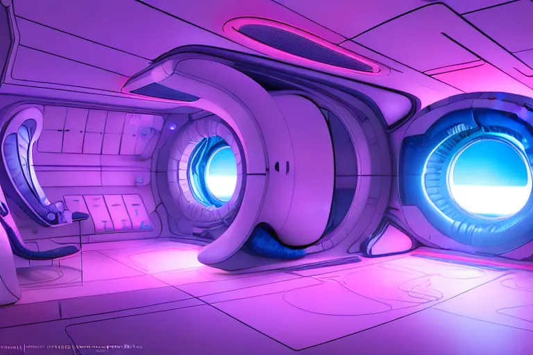 Prompt: realistic illustration of a sleep pod, central perspective, spaceship room with alien biomech techonlogical cabled cubicle at the!!! center!!! of the image, pink, blue studio light, volumetric light, artstation, artgerm, hiroaki samura, jiro matsumoto, murata, unreal engine, sharp focus high quality 8 k