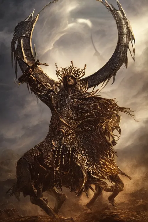 Image similar to an ultra detailed 3 d render of king richard the lionhearted as an elden ring boss, epic anime fantasy, 8 k, in the style of a fantasy metal album cover and magic the gathering, volumetric lighting, smooth, highly detailed, digital illustration, octane render, art by albert bierstadt and greg rutkowsi, artstation