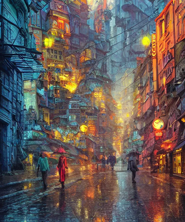 Prompt: insane perspective of colorful street vue from cyberpunk prague, intricate details, realistic shaded , humid ground, highly detailed, artstation, painting by François Schuiten and moebius, disney fantasy style, people and creatures walking, volumetric light, neon lights, rainy mood