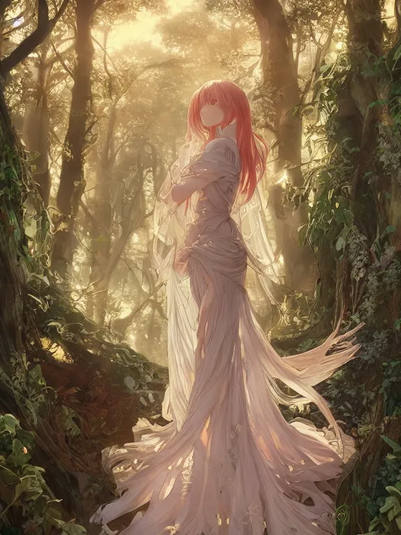 Image similar to anime key visual of leda with her back to the camera wearing a gown designed by monique lhuillier!! intricate, magical forest, stunning, highly detailed, digital painting, artstation, smooth, hard focus, illustration, art by artgerm and greg rutkowski and alphonse mucha