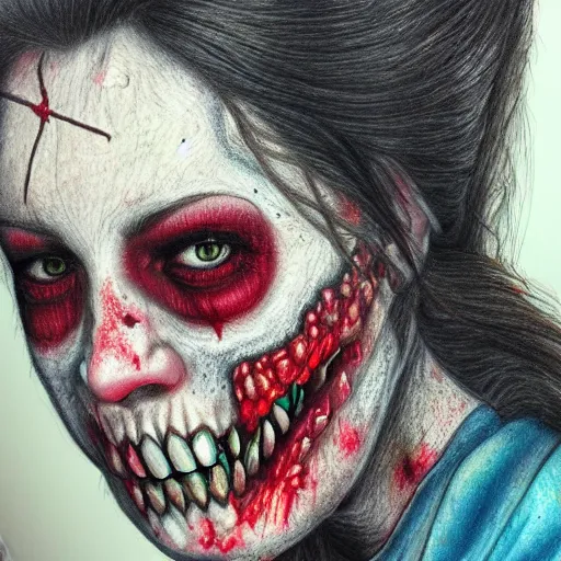 Prompt: Colored pencil art on paper, Zombie Nurse, highly detailed, artstation, MasterPiece, Award-Winning, Caran d'Ache Luminance