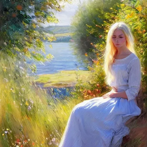 Image similar to blonde woman, dress, swedish countryside, archipelago, morning, masterpiece, highly detailed, beautiful, atmospheric, impressionism, painting by Vladimir Volegov