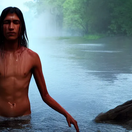 Image similar to hyperrealistic film full body still of young native american bathing in river, inspired by istvan sandorfi & greg rutkowski & unreal engine, perfect facial symmetry, dim volumetric cinematic lighting, 8 k octane comprehensive render, extremely hyper - detailed, incredibly lifelike attributes, intricate, real flesh texture, masterpiece, artstation, stunning,