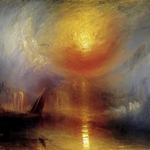 Prompt: painting by J M W Turner of a Zeppelin