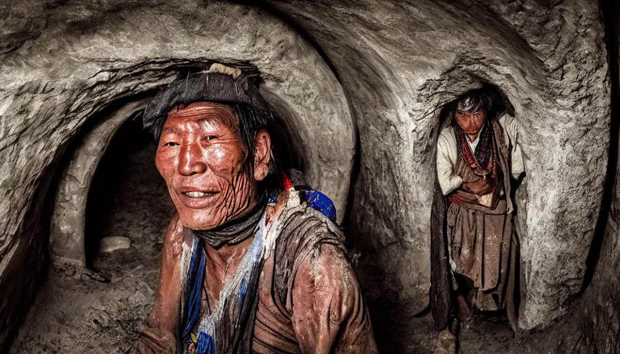 Image similar to a tibetan man in a dirty barque in a tiny tunnel, leica sl 2 technicolor, heavy grain, high quality, high detail, mud