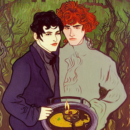 Image similar to painting of young cute handsome beautiful dark medium wavy hair man in his 2 0 s named shadow taehyung and cute handsome beautiful min - jun together at the halloween party, bubbling cauldron, candles, smoke, tarot, autumn colors, elegant, stylized, soft facial features, delicate facial features, art by alphonse mucha, vincent van gogh, egon schiele