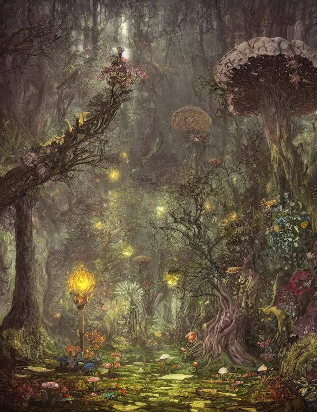 Prompt: mysterious fairy landscape of a mushroom kingdom in the middle of the foggy forest, ornate, misty, intricate, ring light, baroque elements, dan mumford, junji murakami, mucha klimt, van gogh, hiroshi yosida, frank frazetta and craig mullins art styles