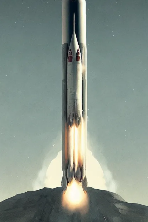 Prompt: poster artwork. distant rocket taking off. symmetry. washed out. desaturated. art by wlop, mars ravelo and greg rutkowski.