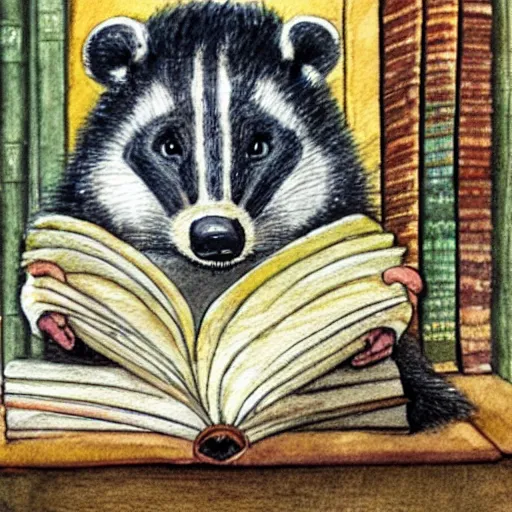 Prompt: anthropomorphic badger historian studying books in a library, watercolor, detailed children's book illustration