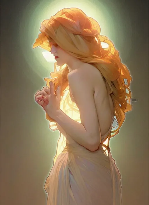 Image similar to digital character concept art by artgerm and greg rutkowski and alphonse mucha. clear portrait of a modern young wife blessed by god to unstoppably grow more perfect and fertile!! blonde, in clothes! holy full - figured! shy, light effect. hyper detailed, glowing lights!! intricate, elegant, digital painting, artstation, smooth, sharp focus