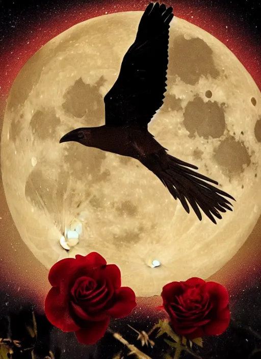 Prompt: Big glowing moon is very important in that image, red and golden color details, portrait, A crow with red eyes in front of the full big moon, book cover, red roses, red white black colors, establishing shot, extremly high detail, foto realistic, cinematic lighting, by Yoshitaka Amano, Ruan Jia, Kentaro Miura, Artgerm, post processed, concept art, artstation, raphael lacoste, alex ross, portrait, A crow with red eyes in front of the full big moon, book cover, red roses, red white black colors, establishing shot, extremly high detail, photo-realistic, cinematic lighting, by Yoshitaka Amano, Ruan Jia, Kentaro Miura, Artgerm, post processed, concept art, artstation, raphael lacoste, alex ross