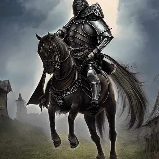 Image similar to mounted knight entering a spooky village